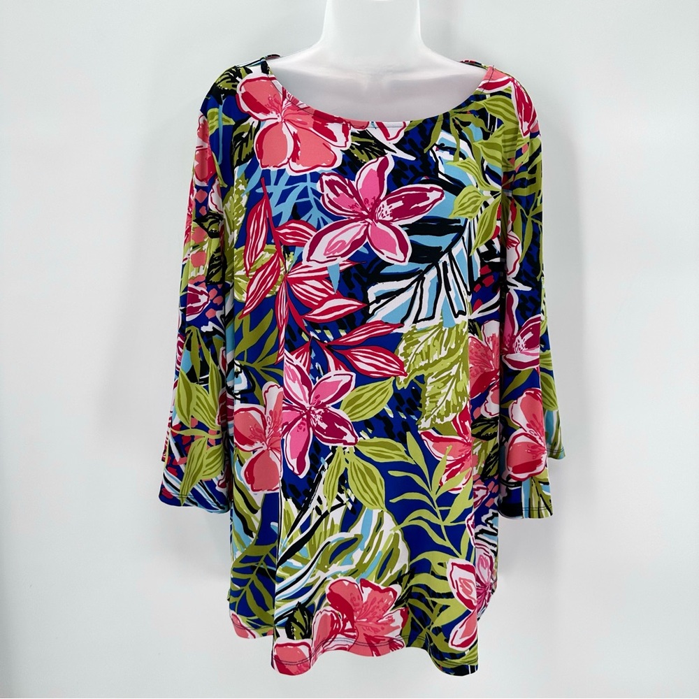 Jones Studio Top Womens 3X Plus Size Floral 3/4 Bell Sleeve Blouse Spring Jersey